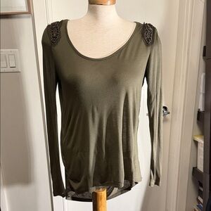 Olive Long Sleeve Top with Embellished Shoulders and open back